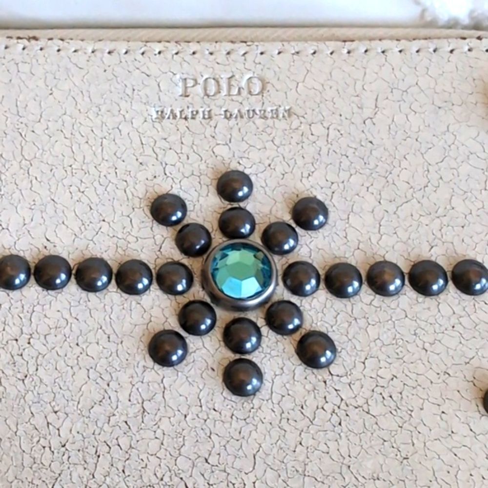 POLO Ralph Lauren Jewel/ Studded Ivory Distressed Zip Around Wallet NWOT - Picture 4 of 13